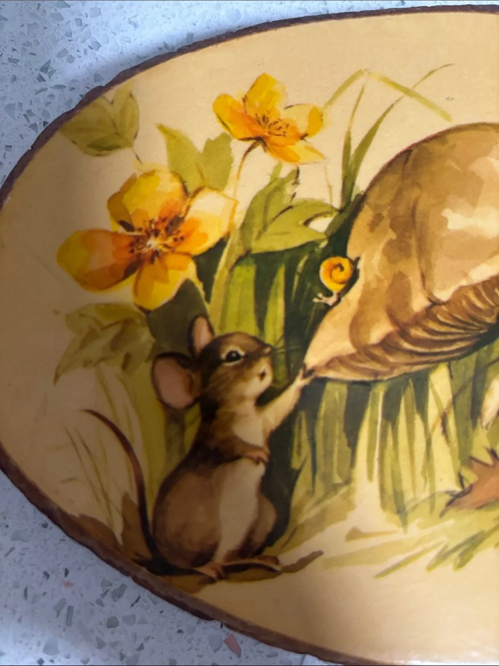 VTG 70’s Rustic Yellow Mushroom & Mouse Oval Wood Slice Decoupage Wall Plaque